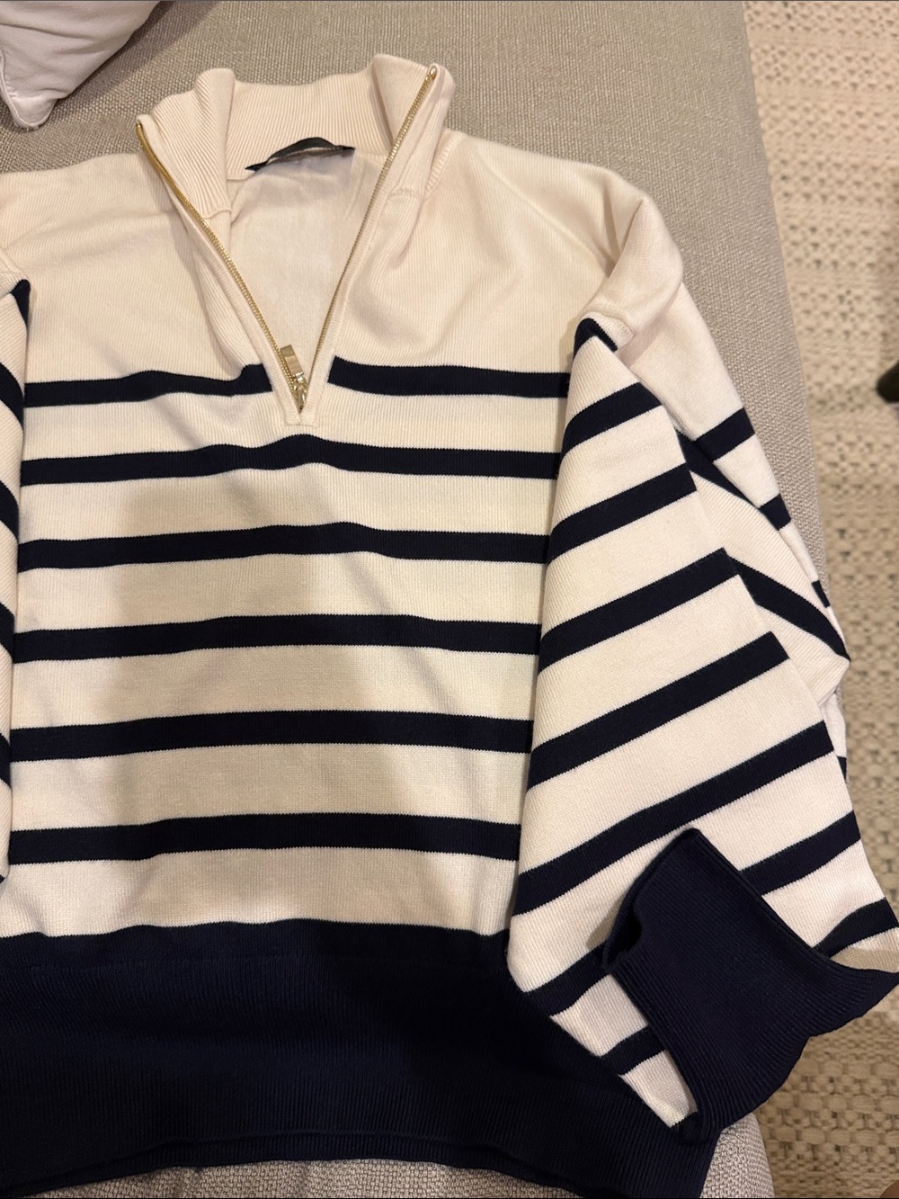 Zara Women’s Cream and Navy Quarter-Zip Stripe Sweater - Picture 4 of 5